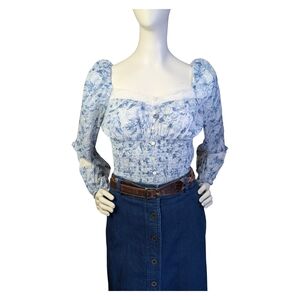 American Eagle Blue Floral Smocked Prairie Blouse | Cottagecore Western | Size M